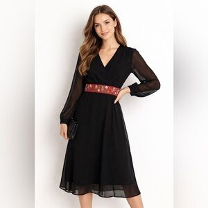 NWT ASOS Black Sheer Midi Dress Floral Embroidered Waist Size 12